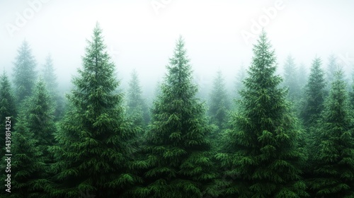 A stunning view of majestic green trees standing proudly in an ethereal light fog, creating a tranquil and enchanting atmosphere reminiscent of nature’s untouched beauty.
