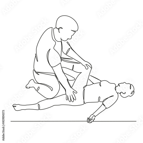 One continuous single drawing line art flat doodle pain, patient, physical therapy, doctor, chiropractor, stretching, leg. Isolated image hand draw contour on a white background, hand drawn, not AI