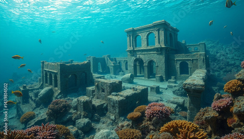  Submerged ancient ruins resting on the seafloor. 