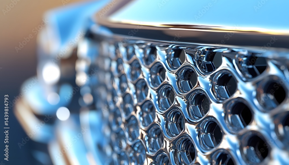 Close up of a chrome automobile grille in detail