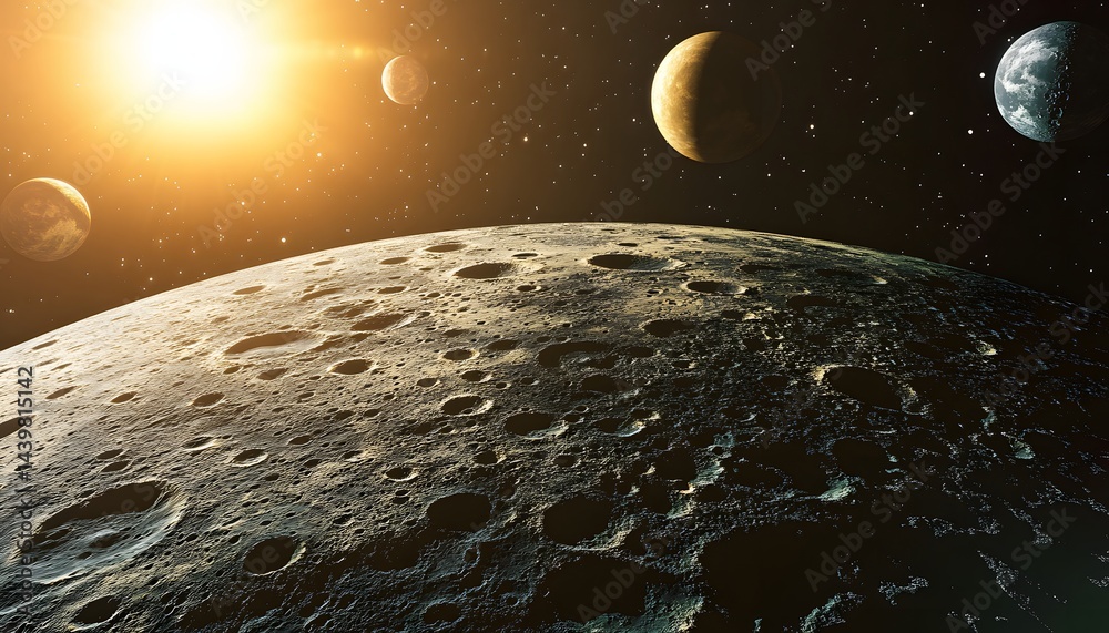 A space scene with multiple planets and a cratered surface