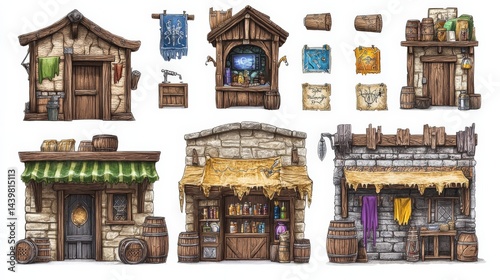 Detailed Fantasy Market Stalls and Shops for Game Design and Art