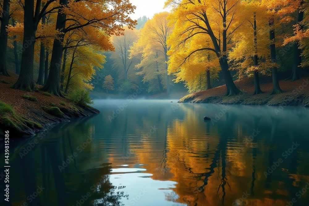 Obraz premium Calm water surface reflecting trees, ripple patterns , art, reflection