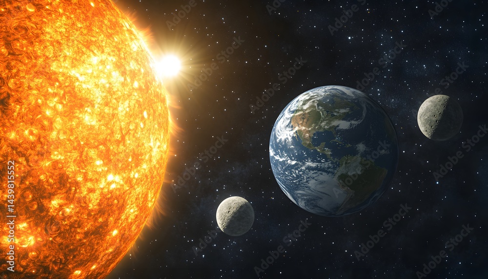 The sun earth and moon system amidst the starry space