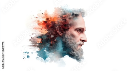 Watercolor portrait of an ancient Greek philosopher with a thoughtful expression on an absolutely white background.
