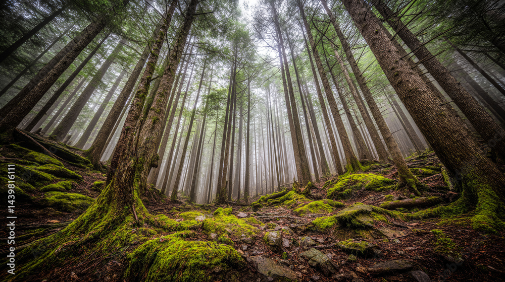 Obraz premium A forest with moss growing on the ground and trees. The moss is green and the trees are tall