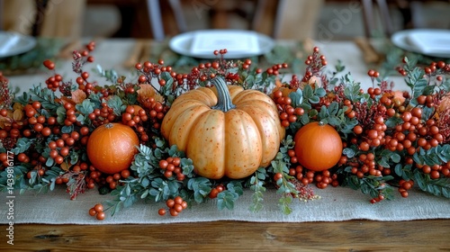 Autumn table setting with pumpkins and berries centerpiece