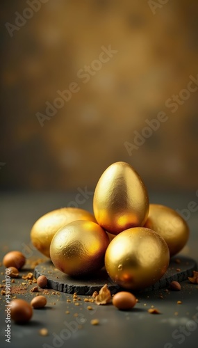 Luxurious golden eggs for Easter celebration on shale backdrop, tradition, decoration, spring
