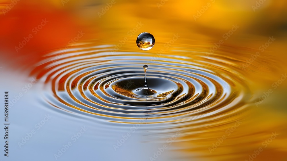 Water Droplet Creating Ripples on Surface with Colorful Background in Nature Water Droplet Creating Ripples on Surface with Colorful Background in Nature