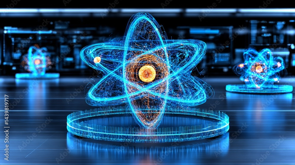 Suspended atom structure displayed as a hologram in a futuristic lab environment