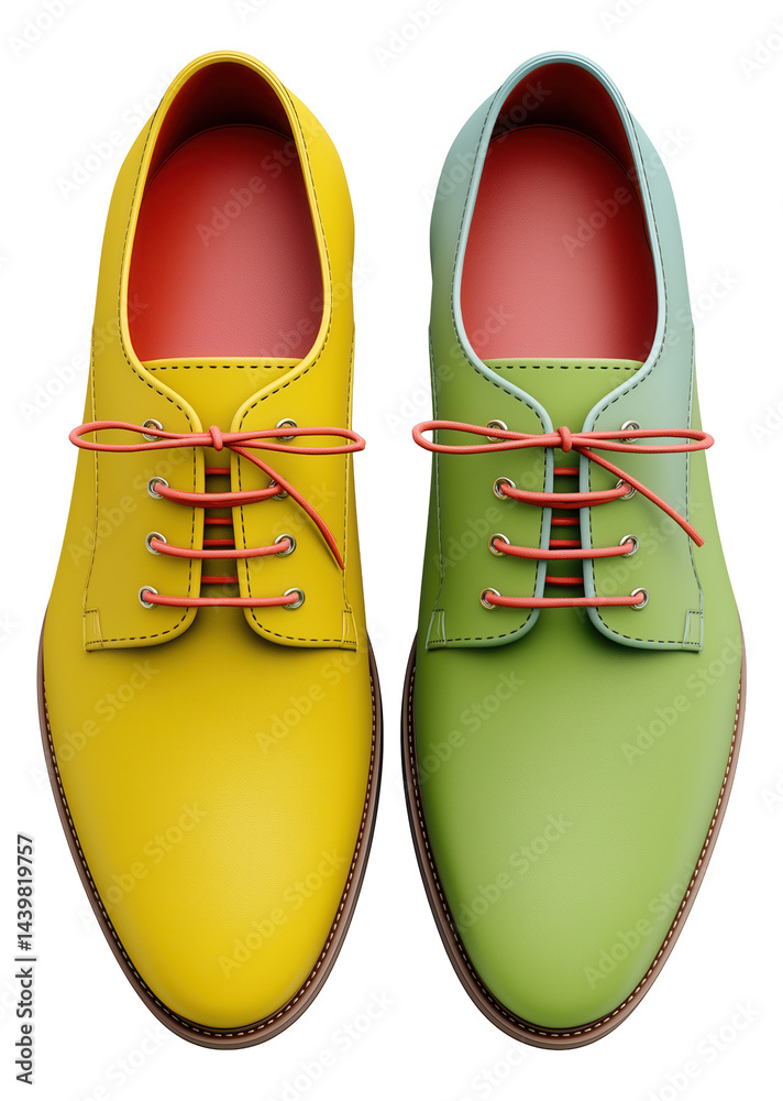 Stylish mismatched shoes in yellow and mint green with orange laces.