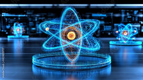 Obraz na płótnie Suspended atom structure displayed as a hologram in a futuristic lab environment w salonie