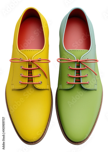 Obraz na płótnie Stylish mismatched shoes in yellow and mint green with orange laces. w salonie
