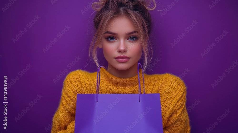 A woman poses with a purple paper shopping bag against a matching background, showcasing contemporary fashion and minimalist design elements