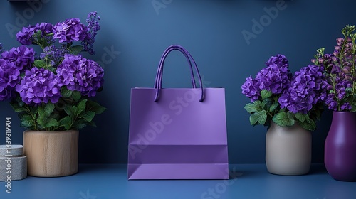 A purple paper shopping bag stands on a table amidst beautiful purple flowers in stylish pots, creating an appealing and vibrant display