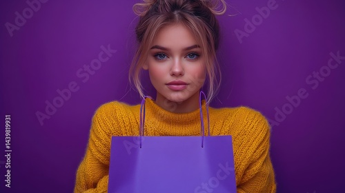Obraz na płótnie A woman poses with a purple paper shopping bag against a matching background, showcasing contemporary fashion and minimalist design elements w salonie