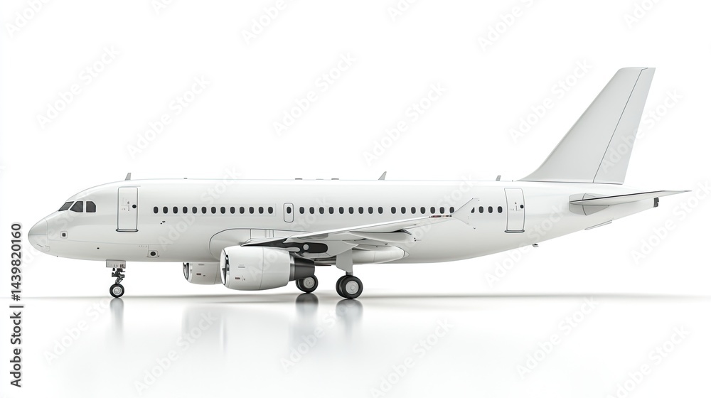 Side view of a 3D Airbus A319, highlighting its sleek design and features against a white background Side view of a 3D Airbus A319, highlighting its sleek design and features against a white background