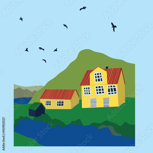 Vector illustration of a house on a mountain background
