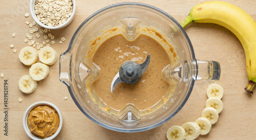 Smoothie Ingredients Blended Together in a Blender on Wooden Background  