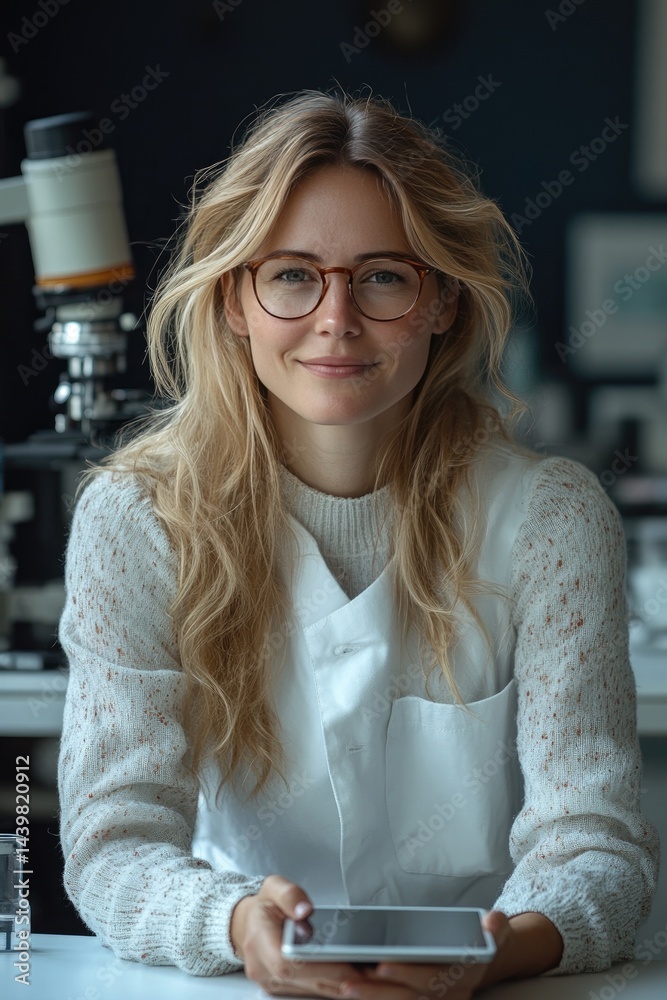 A white female biologist wearing a lab uniform looks calmly at her iPad while seated at a sleek white desk against a dark blue background