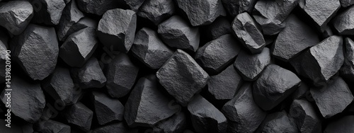 Coal fragments on black background for energy industry. Dark chunks of fossil fuel. Mining resource for power generation. Concept of non-renewable energy and carbon emission