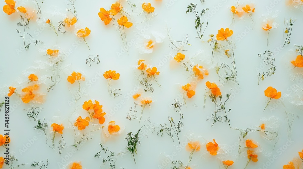Vibrant orange flowers are artfully arranged against a clean white background, showcasing their beauty and simplicity