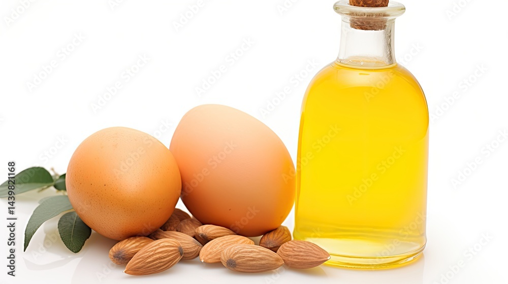 A chemical flask filled with liquid is placed next to two eggs and a pile of almonds on a clean white surface, suggesting culinary or scientific uses