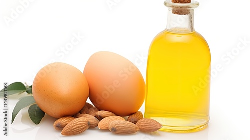 Obraz na płótnie A chemical flask filled with liquid is placed next to two eggs and a pile of almonds on a clean white surface, suggesting culinary or scientific uses w salonie