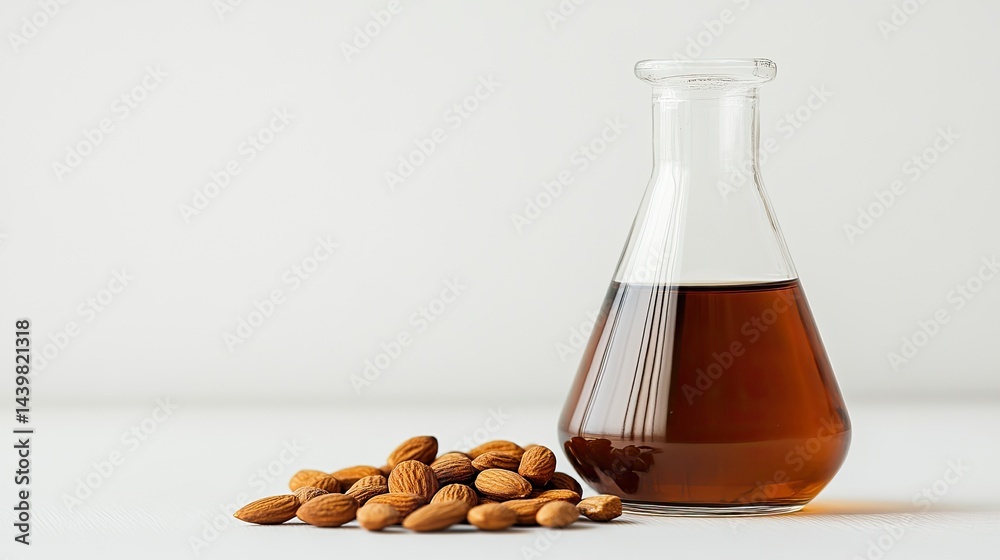 A chemical flask holds a brown liquid placed beside scattered whole almonds on a clean white surface, indicating a study of natural extracts