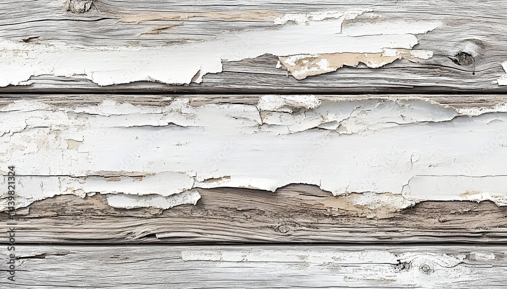 Weathered wooden planks showing peeling white painted surface details