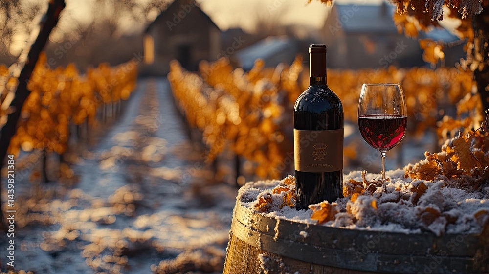 A bottle and a glass of red wine sit on a barrel amidst a picturesque vineyard during a vibrant spring day, with blooming vines in the background