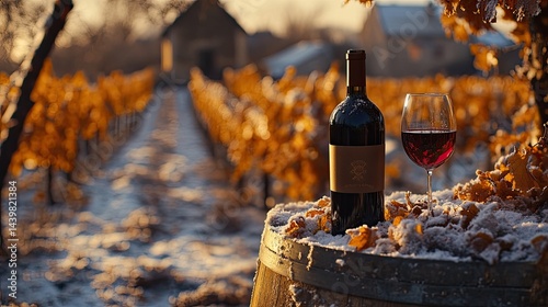 Obraz na płótnie A bottle and a glass of red wine sit on a barrel amidst a picturesque vineyard during a vibrant spring day, with blooming vines in the background w salonie