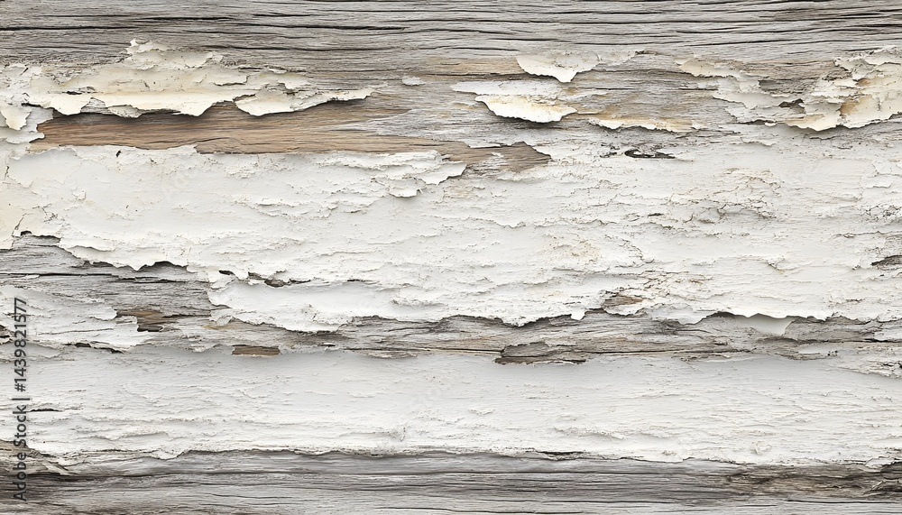 Old weathered wooden surface with peeling white paint revealing textures