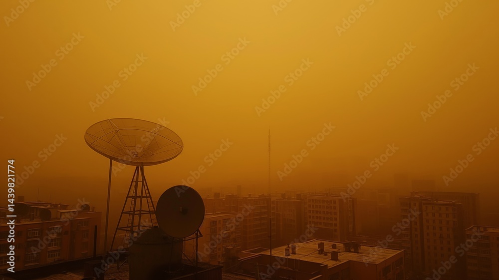 Heavy smog blankets urban landscape, diminishing visibility and impacting air quality