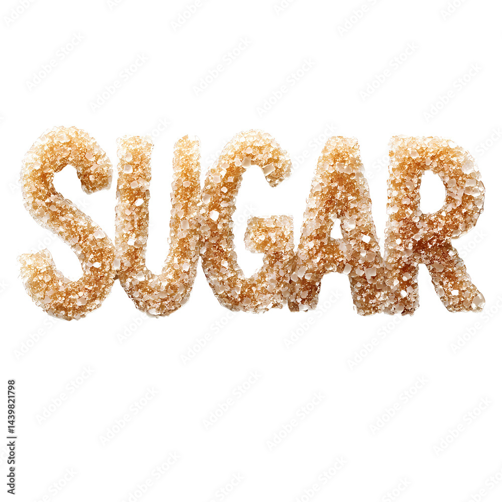 Close-up of the word 'sugar' made from natural brown sugar granules, highlighting its texture and color. Close-up of the word 'sugar' made from natural brown sugar granules, highlighting its texture and color.