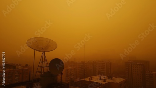 Obraz na płótnie Heavy smog blankets urban landscape, diminishing visibility and impacting air quality w salonie