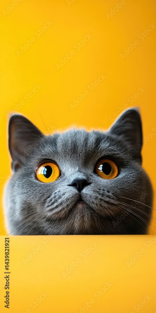 Charming British Shorthair cat with bright eyes peeks over a table, set against a cheerful yellow backdrop—perfect for a mobile screen!