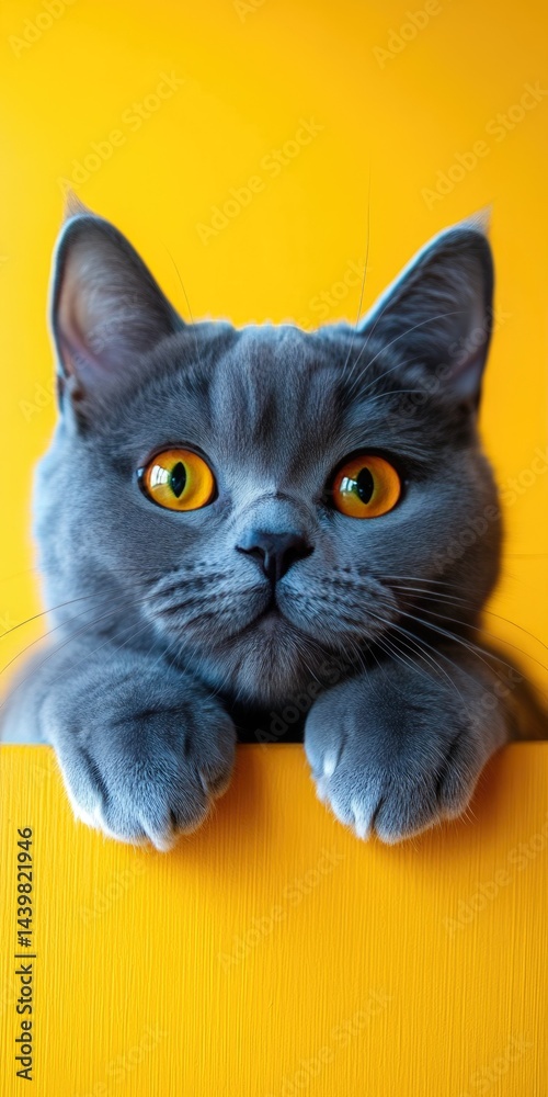 A playful British Shorthair cat is curiously peeking over a table, its bright yellow backdrop adding to the charm of the scene