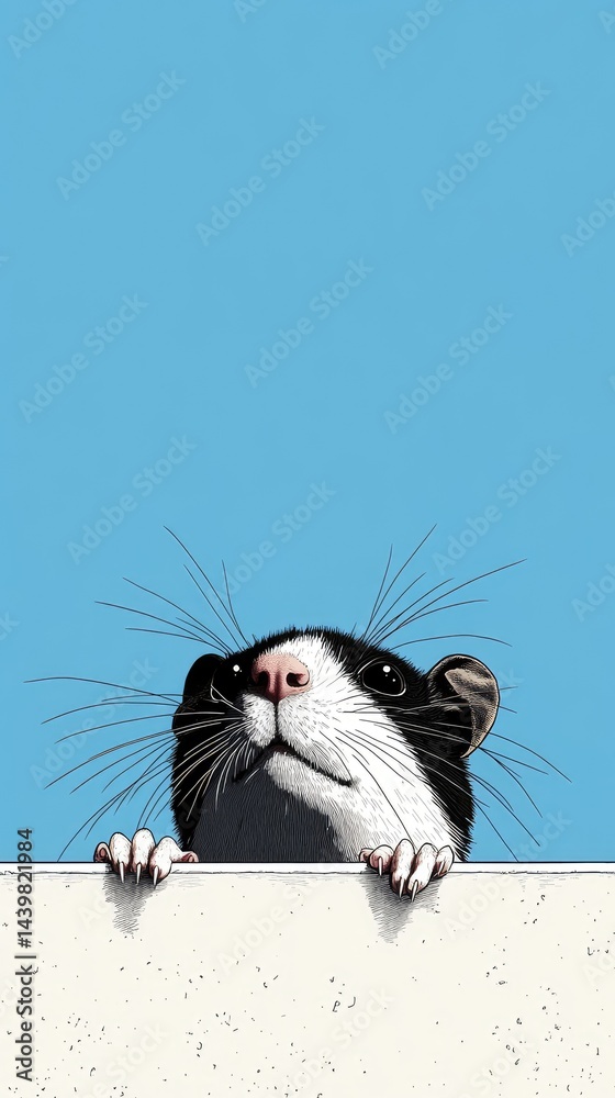 A cute rat peeks over a table, displaying curiosity and charm, set against a vibrant blue backdrop, perfect as a mobile wallpaper