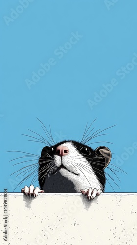 Obraz na płótnie A cute rat peeks over a table, displaying curiosity and charm, set against a vibrant blue backdrop, perfect as a mobile wallpaper w salonie