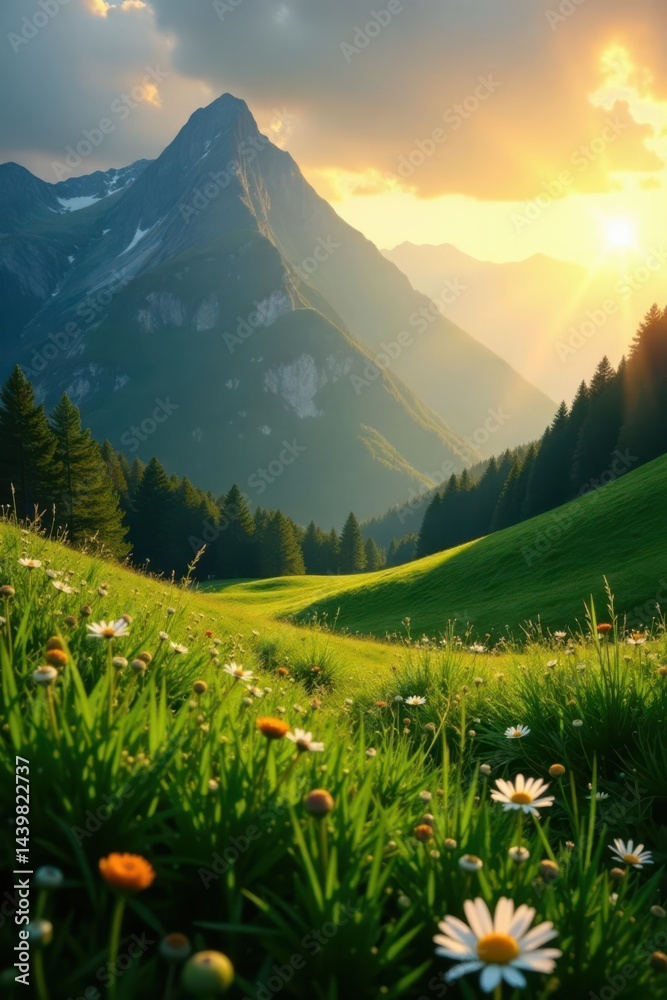Fototapeta premium Golden light bathes mountain pasture, dew-kissed grass glows , travel, vibrant, morning