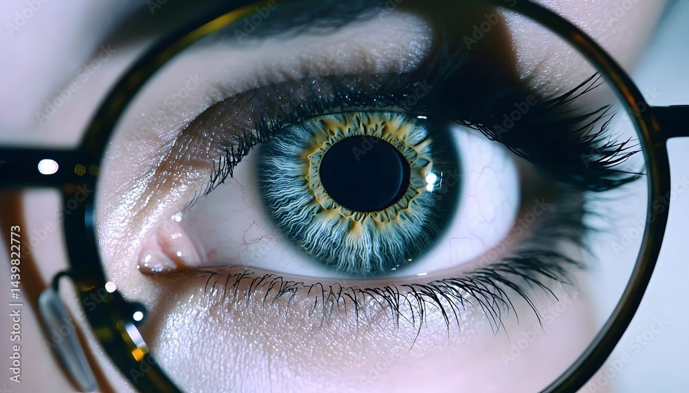 A close up view of a human eye wearing eyeglasses