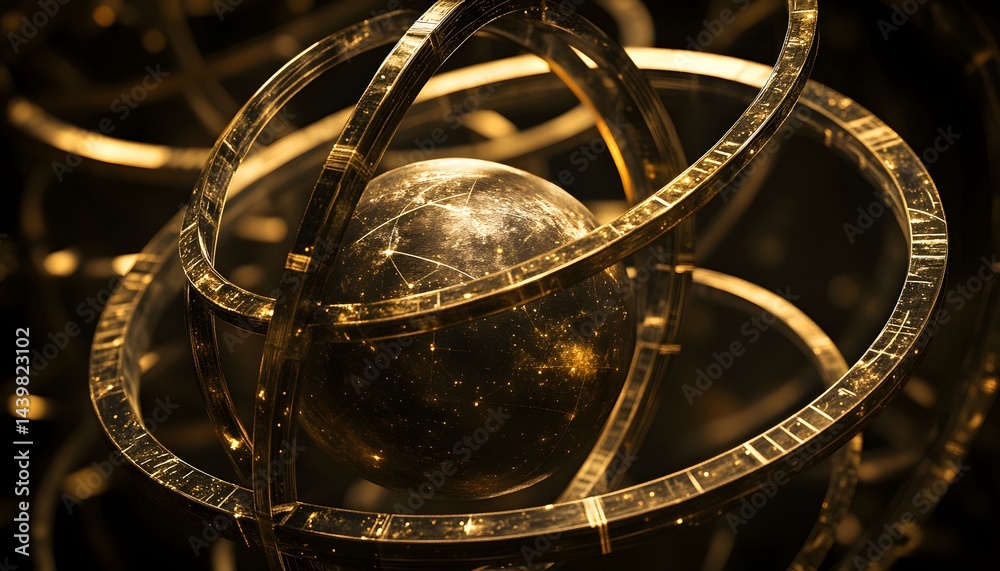 Abstract golden orrery model with a celestial sphere depicted