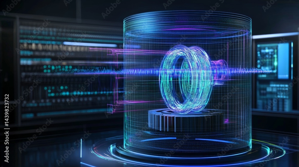 Holographic display illustrating the spin of electrons in a cutting-edge lab environment