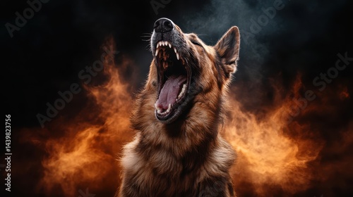 A majestic German Shepherd howling fiercely with flames and smoke in the background, symbolizing strength and courage, creating a powerful visual impact in stock photography.