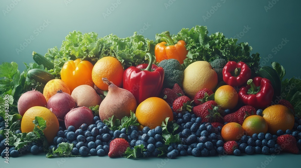 Vibrant Assorted Fresh Fruits and Vegetables Display With Leafy Greens and Berries for Healthy Eating and Nutrition Concept Vibrant Assorted Fresh Fruits and Vegetables Display With Leafy Greens and Berries for Healthy Eating and Nutrition Concept