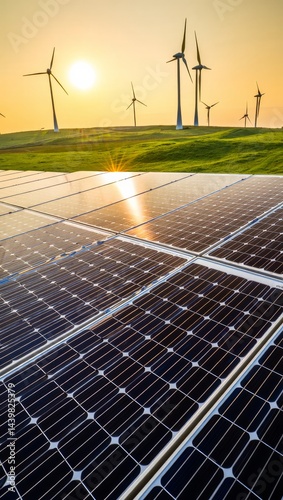 Futuristic Renewable Energy Landscape at Sunset, Photorealistic, AI Generated