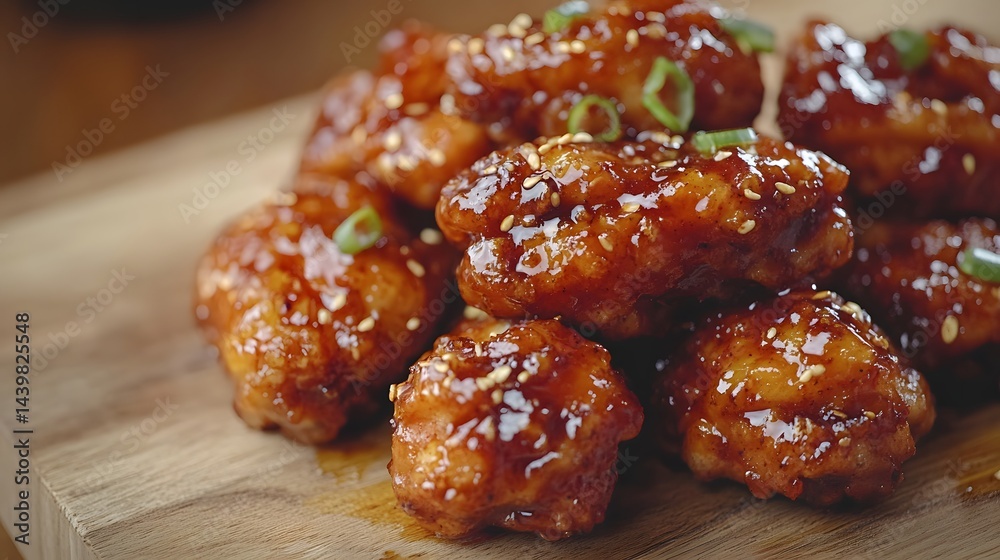 Crispy chicken wings coated with sticky sauce and chopped green onions.
Crispy chicken wings coated with sticky sauce and chopped green onions.
