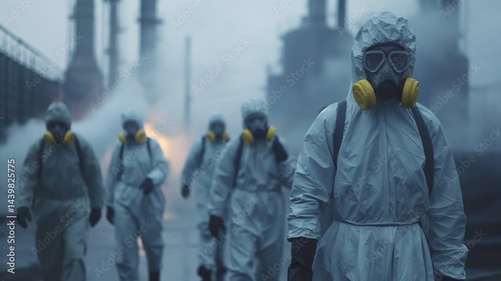 Workers in protective gear navigate industrial area amidst heavy smog and pollution