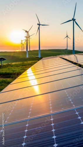 Futuristic Renewable Energy Landscape at Sunset, Photorealistic, AI Generated